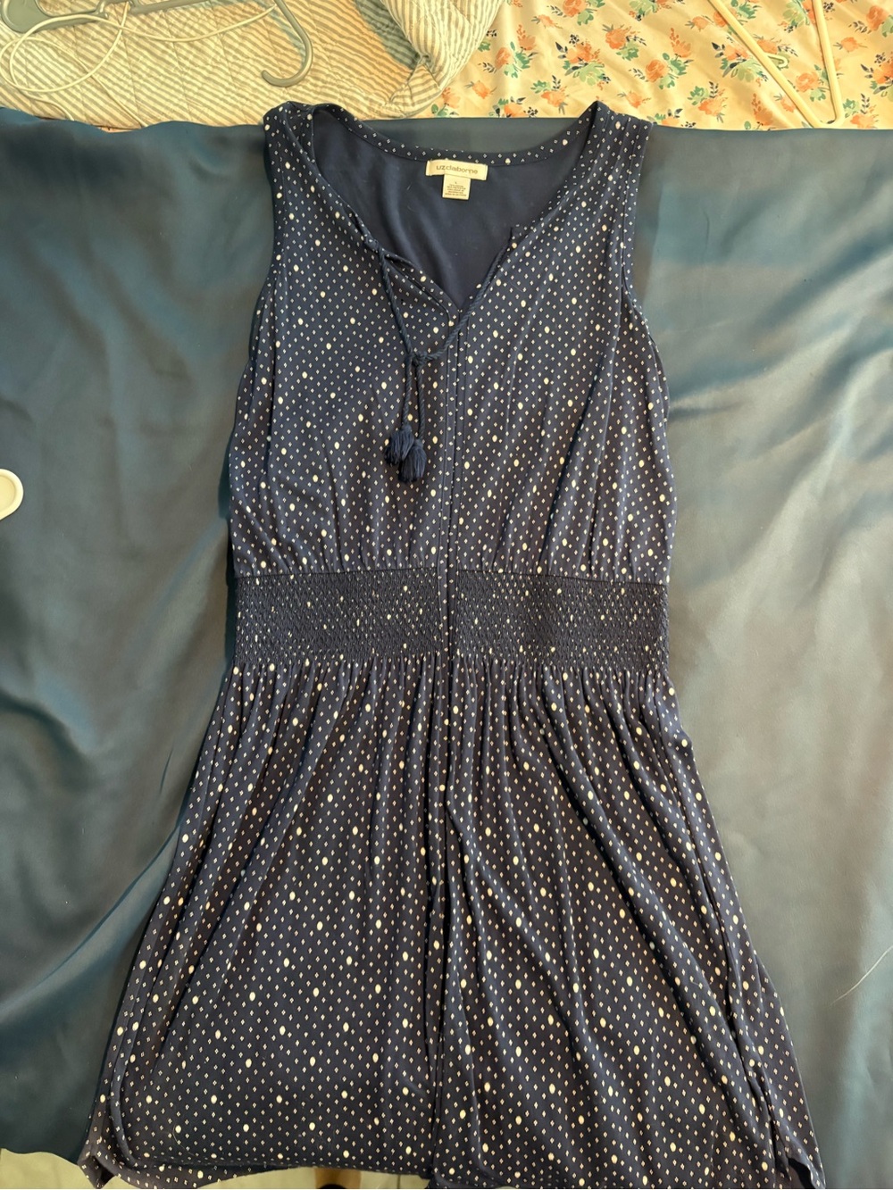 Sleeveless Navy Polka Dot Dress with Smocked Waist